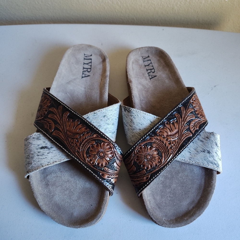Myra Bag Brown Tooled Leather and White Hair-On Slide Sandals
